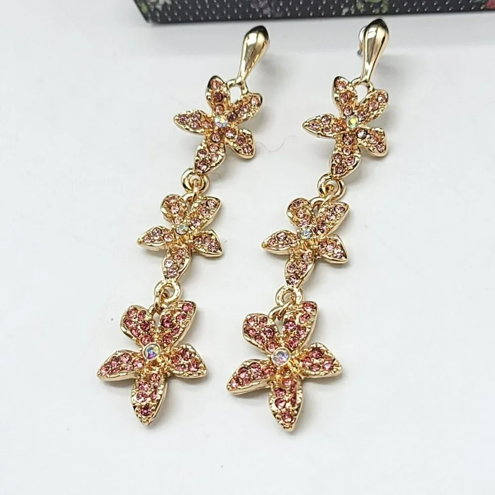 Avon Garden Party Statement Earrings Pink Rhinestone Dangle Flowers NIB 2019